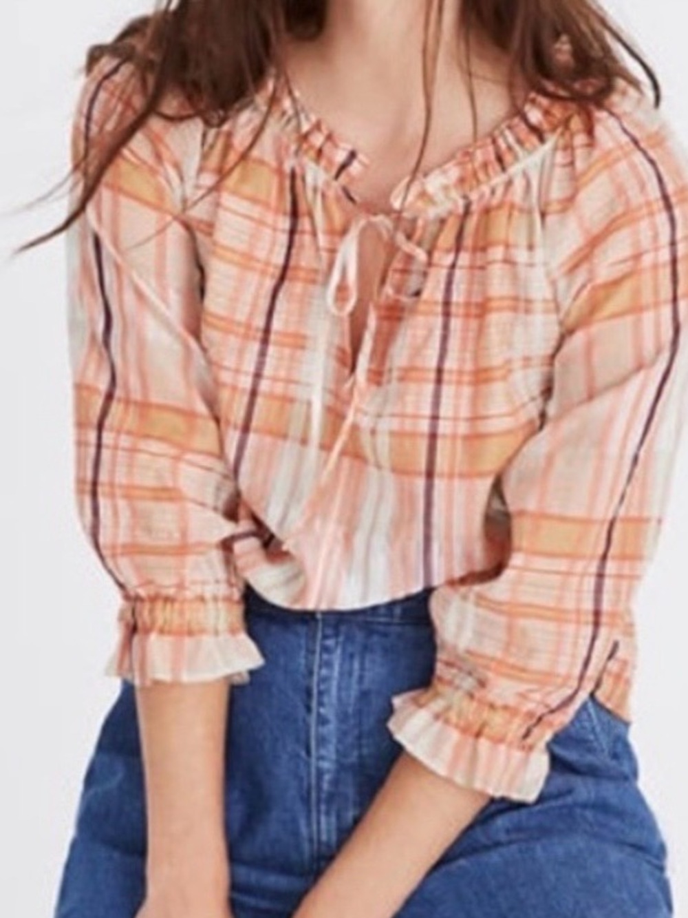 Madewell Peach Plaid Ruffle-Neck Blouse - Picture 2 of 10